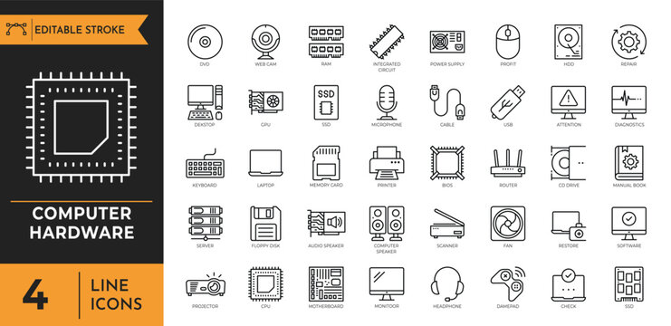 Computer hardware line icon set.Contain icons related to pc, laptop, computer hardware component, and more. Editable stroke. Vector illustration