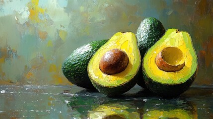 Fresh avocados halved with rich colors and reflective surface