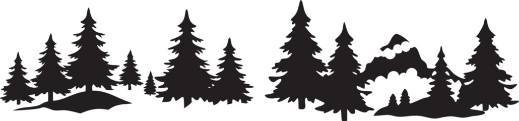 A picturesque silhouette showcases majestic evergreen trees led amidst snow capped mountains, creating a tranquil and scenic alpine landscape panorama.