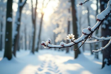 Snowy forest branches with delicate white blossoms, trees, winter