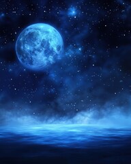Naklejka premium Full moon shining over the sea at night with stars and clouds creating a dreamy and surreal atmosphere