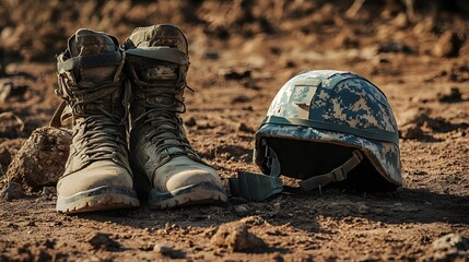 Army boots beside a helmet on a dirt field