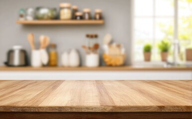 Wooden table top with a blurred kitchen interior background for product display, presentation, or montage foreground, a modern minimalism concept, product design