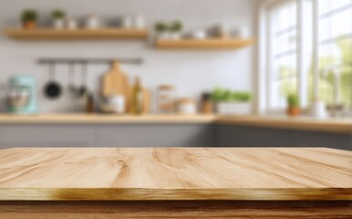 Wooden table top with a blurred kitchen interior background for product display, presentation, or montage foreground, a modern minimalism concept, product design