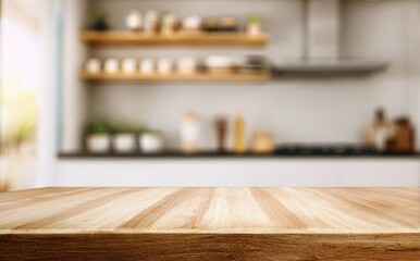 Wooden table top with a blurred kitchen interior background for product display, presentation, or montage foreground, a modern minimalism concept, product design
