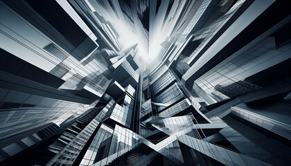 Obraz premium Abstraction of modern cityscape architecture using distorted angles, high-contrast light, and minimal color tones