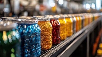 Colorful glass jars filled with shimmering materials in a production line