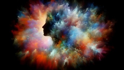 Human silhouette dissolving into colorful abstraction, representing identity loss and emotional detachment