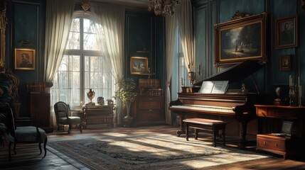 Luxurious, sunlit antique mansion music room