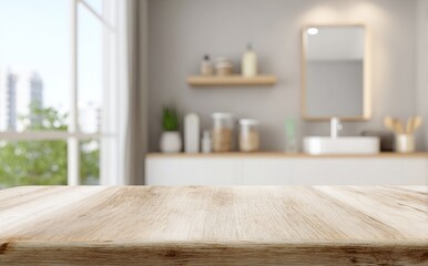 Wooden table top with a blurred kitchen interior background for product display, presentation, or montage foreground, a modern minimalism concept, product design