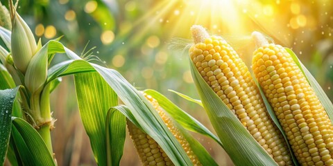 Freshly picked corn stalks swaying gently in a summer breeze with dew drops glistening on the leaves and ears of corn
