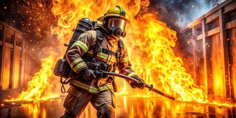 Fototapeta premium Brave firefighter in full gear battling intense flames from a burning building at night with bright orange and yellow lighting effects, flames, rescue