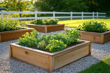 A wooden box garden with a white fence in the background