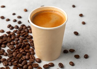 Obraz premium Coffee crema espresso in paper Coffee cup and bean, close-up, Top view of Espresso in Takeaway paper coffee cup