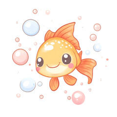 Cute cartoon fish swimming in bubbles underwater scene digital art whimsical environment playful viewpoint