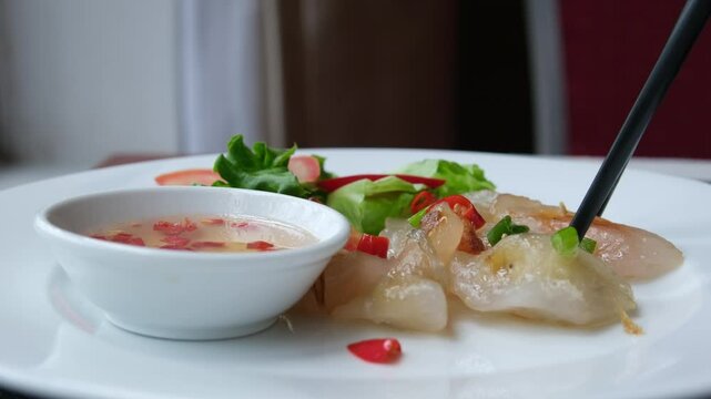 Vietnamese Shrimp Dumplings Banyo bot loc, Vietnamese dumplings with a chewy texture made with tapioca flour and filled with pork and shrimp.