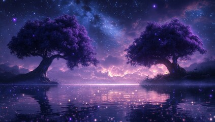 A beautiful scene of two purple trees with a body of water in between