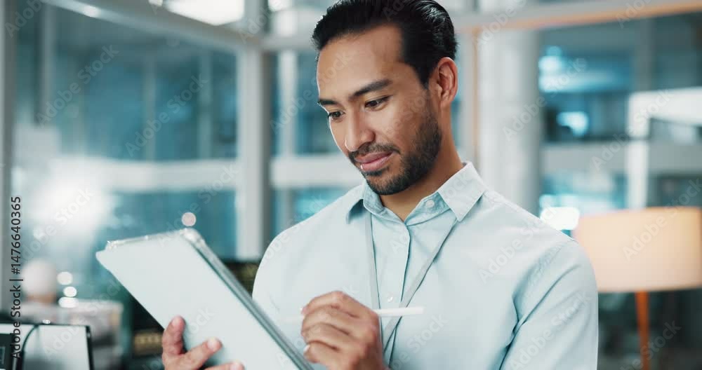 Poster Man, developer and writing on tablet in office for research, programming and software update. Person, digital and testing of web development, problem solving and information on troubleshooting server