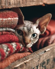 a sphinx cat partially hiding inside an old wooden drawer filled with scarves and letters, only its eyes and ears visible, soft diffused light from above