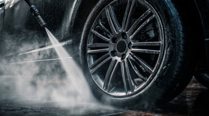 High Pressure Water Jet Cleaning of Car Wheel and Tire in Action