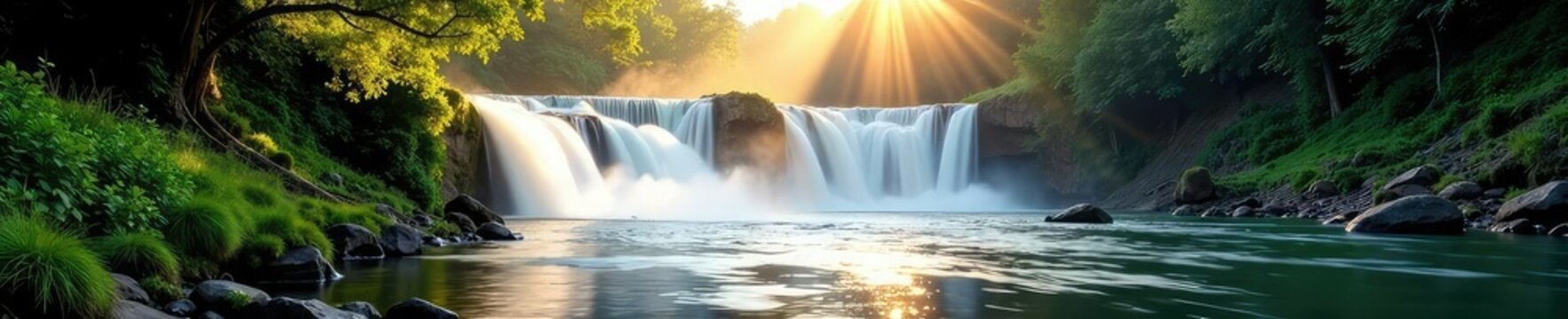 Waterfall on the Chilik river with mist and sunlight, chilik, sunlight