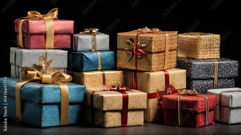 Poster stack of beautifully wrapped gift boxes arranged creatively with spotlight illuminating details in a