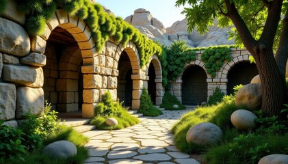 Weathered stone walls shrouded in thick, velvety moss, an oasis in the desert landscape, foliage, rock formations