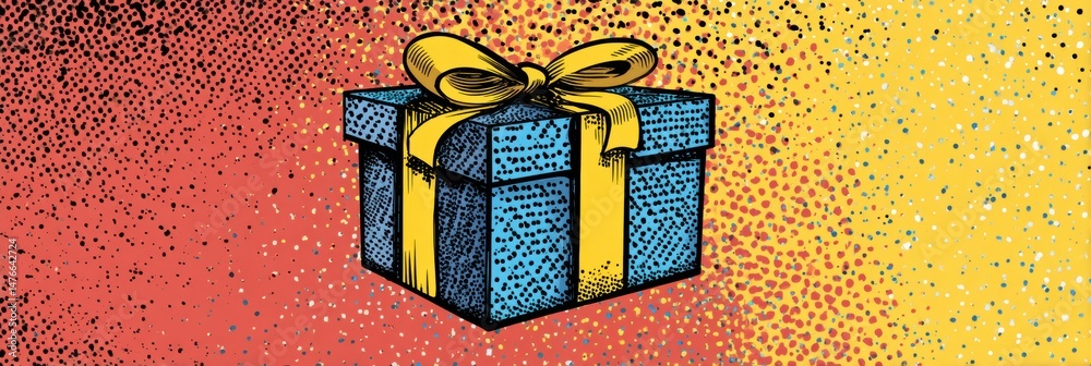 Poster colorful pop-art gift box with dotted background creating a festive atmosphere for celebrations and 