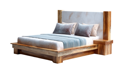 Stylish wooden bed design modern home furniture display indoor ambient eye-level perspective interior concept