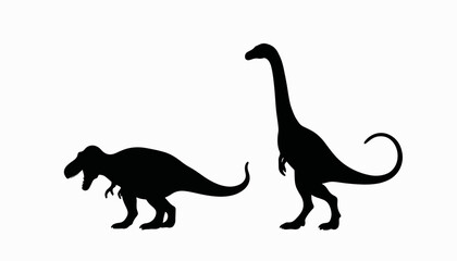 Dinosaur silhouettes of T-Rex and long-neck dinosaur on white background, prehistoric concept
