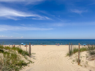 A sunny beach scene with a sandy path leading to the Baltic Sea under a partly cloudy blue sky, with scattered people enjoying the shoreline.