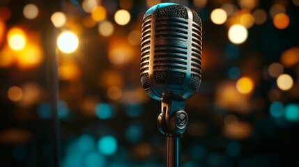 A vintage microphone sits on stage at a bar during a live music performance