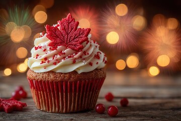Maple leaf cupcake with red and white frosting, celebrating Canada Day with festive joy.