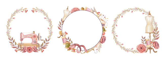 Watercolor sewing machine and tools in round wreath and frame set. Hand drawn vintage floral template with pink flower and mannequin. Perfect for tailor logo and romantic card and invitation design.