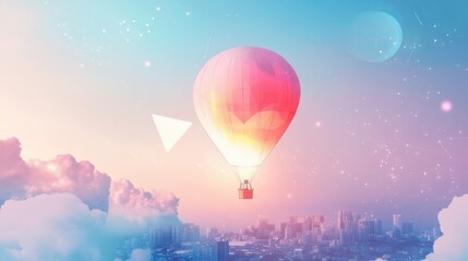 Obraz premium Hot air balloon floating above cityscape and clouds in dreamy pink sky