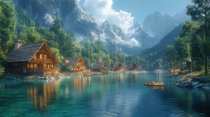 Fototapeta premium Mountain lake cabins landscape