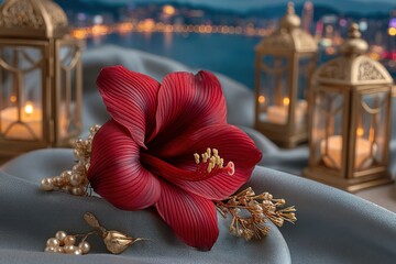 Red bauhinia floral pin adorning silk fabric under warm light