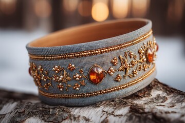 Traditional Lithuanian linen sash with amber accents on oak leaves, symbolizing heritage and national pride.