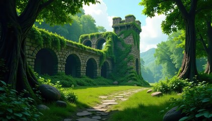 Overgrown forest surrounds ancient stone fortress, ancient, overgrown, stones