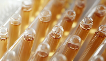 Test tubes with brown liquid closeup view
