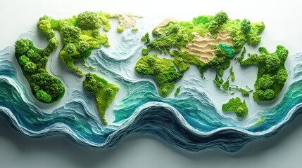 Artistic map of the world in 3 d relief with greenery and blue water elements