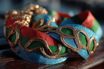 Traditional Djibouti sash with red, green, and blue embroidery on wood, celebrating independence and cultural pride.