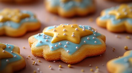 Colorful decorative star shaped cookies with icing and sprinkles