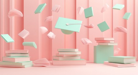 A cap, diploma, and floating books set against a pastel background create a graduation theme