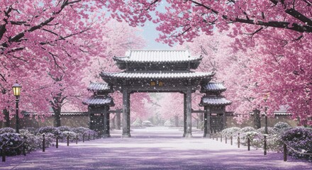Snowy Cherry Blossom Gate