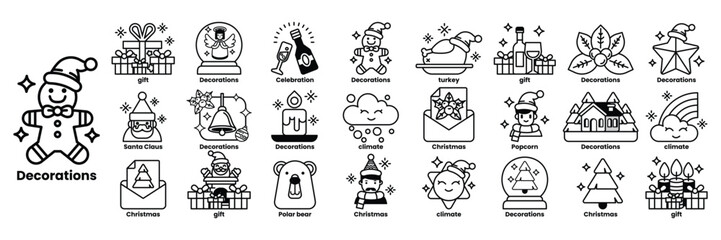 Decorations are a collection of various Christmas themed icons in line drawing style
