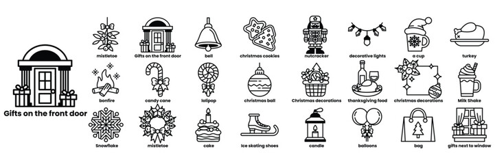 A series of Christmas themed icons including a bell, a wreath, a nutcracker in line drawing style