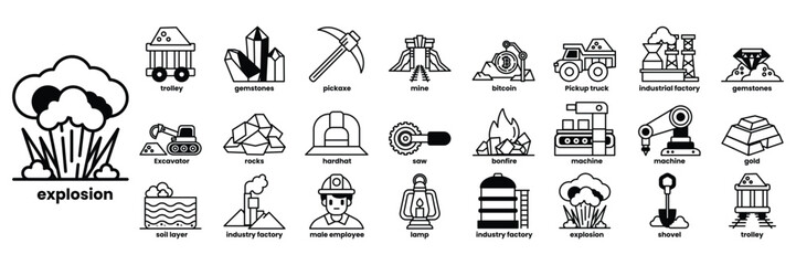 A collection of icons for mining and construction in line drawing style