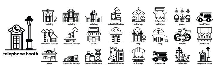 A collection of buildings and shops, including a restaurant, a shop, a hotel in line drawing style