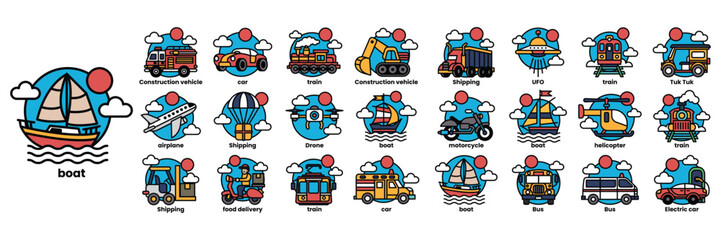 A collection of vehicles including cars, boats, and airplanes